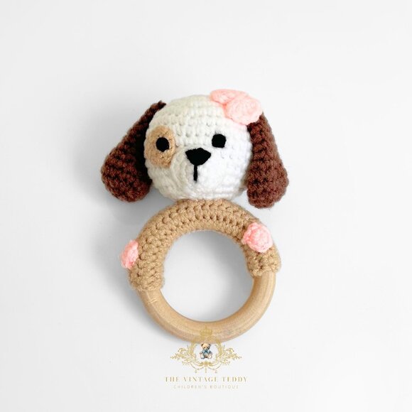 NWT Cute Handmade Crochet Doggy Baby Rattle Baby & Toddler Wooden Plush Toys - Picture 1 of 3